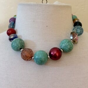Multicolor Chunky Bead Statement Necklace Silver Tone Adjustable J787